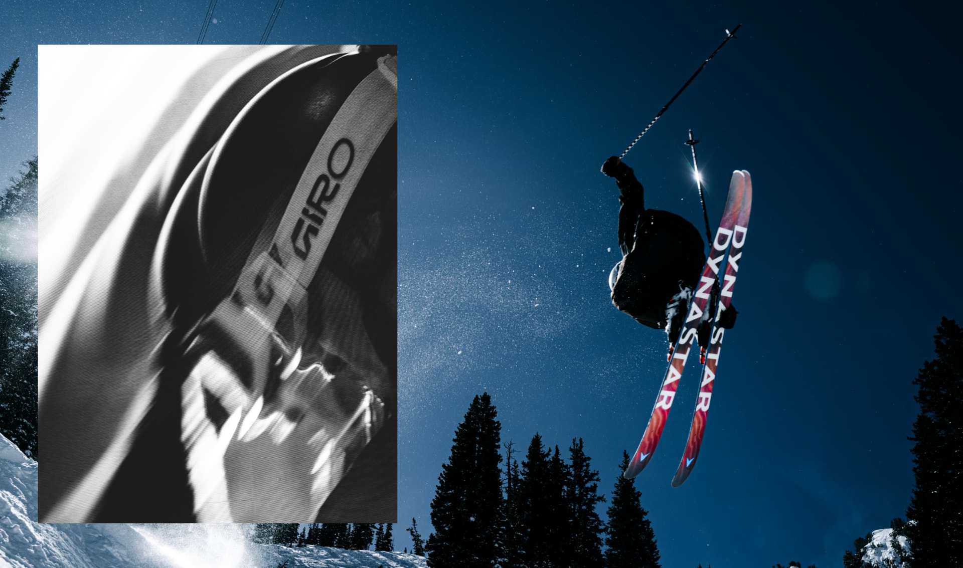 Star Gazers film still — skier silhouetted against a bright sky with Dynastar skis